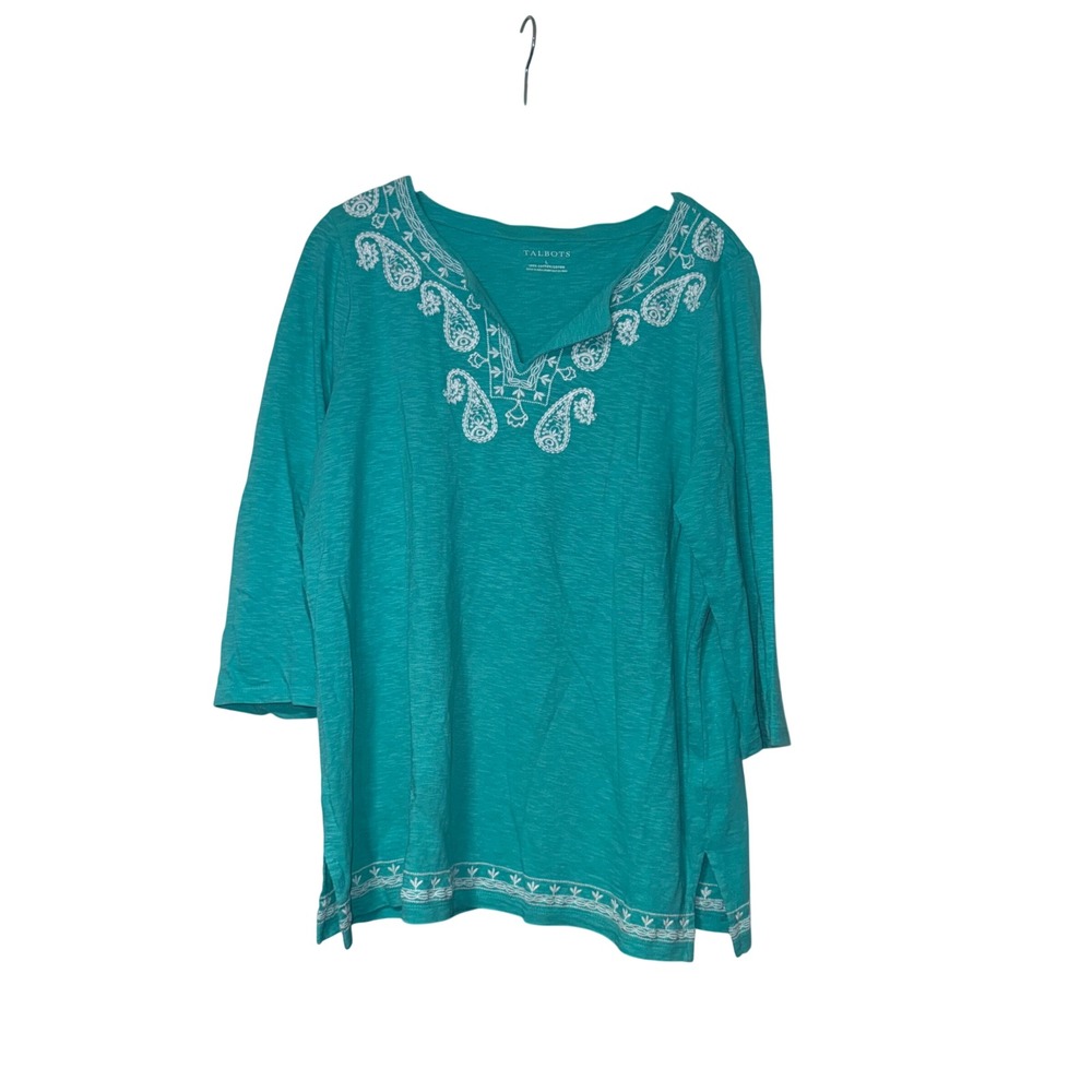 Talbots Tunic Top Womens L Teal 100% Cotton Embroidered Split Neck 3/4 Sleeve